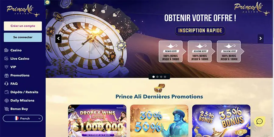 Prince Ali Casino Interface de la home page avec la bannière bonus de bienvenue