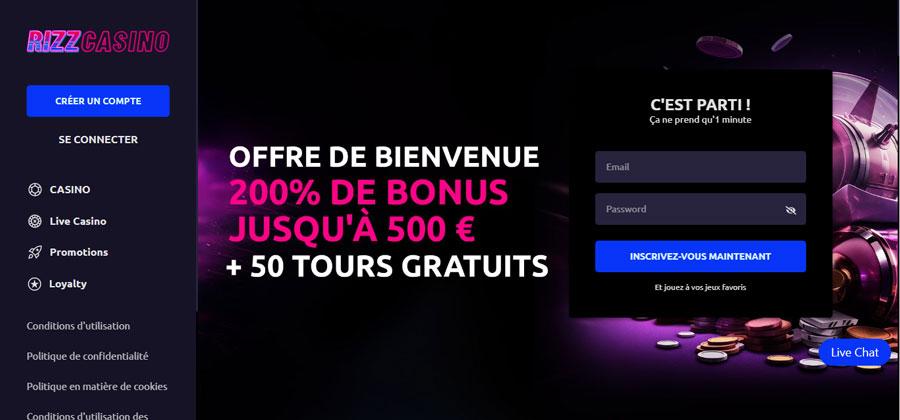 capture d'écran d'accueil rizz casino